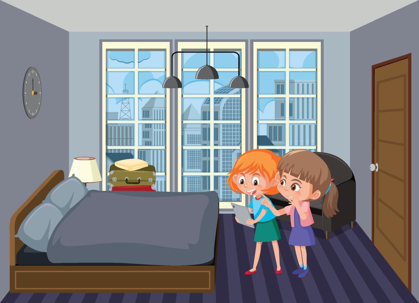 Bedroom scene with family members vector