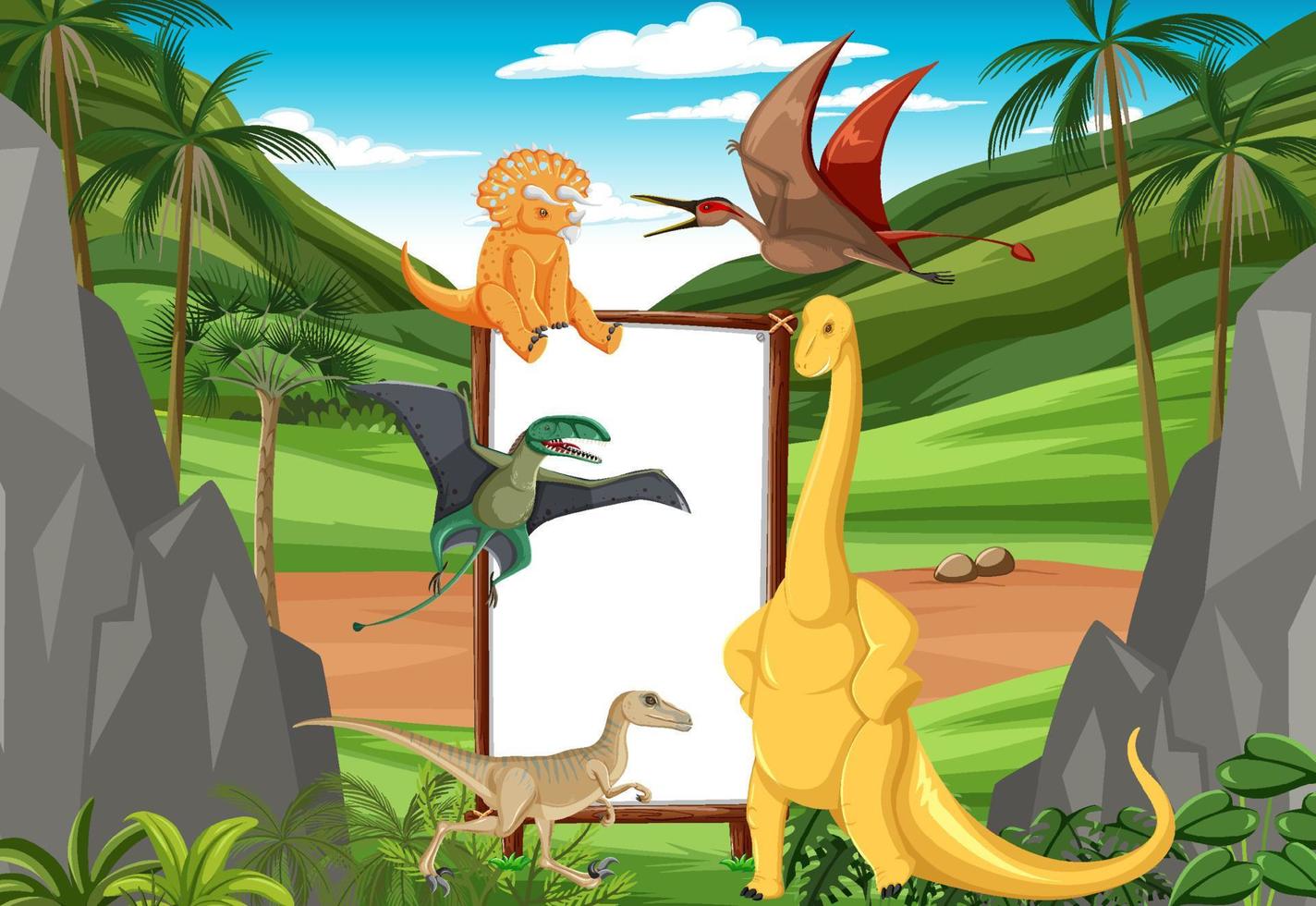 Scene with many dinosaurs on whiteboard vector