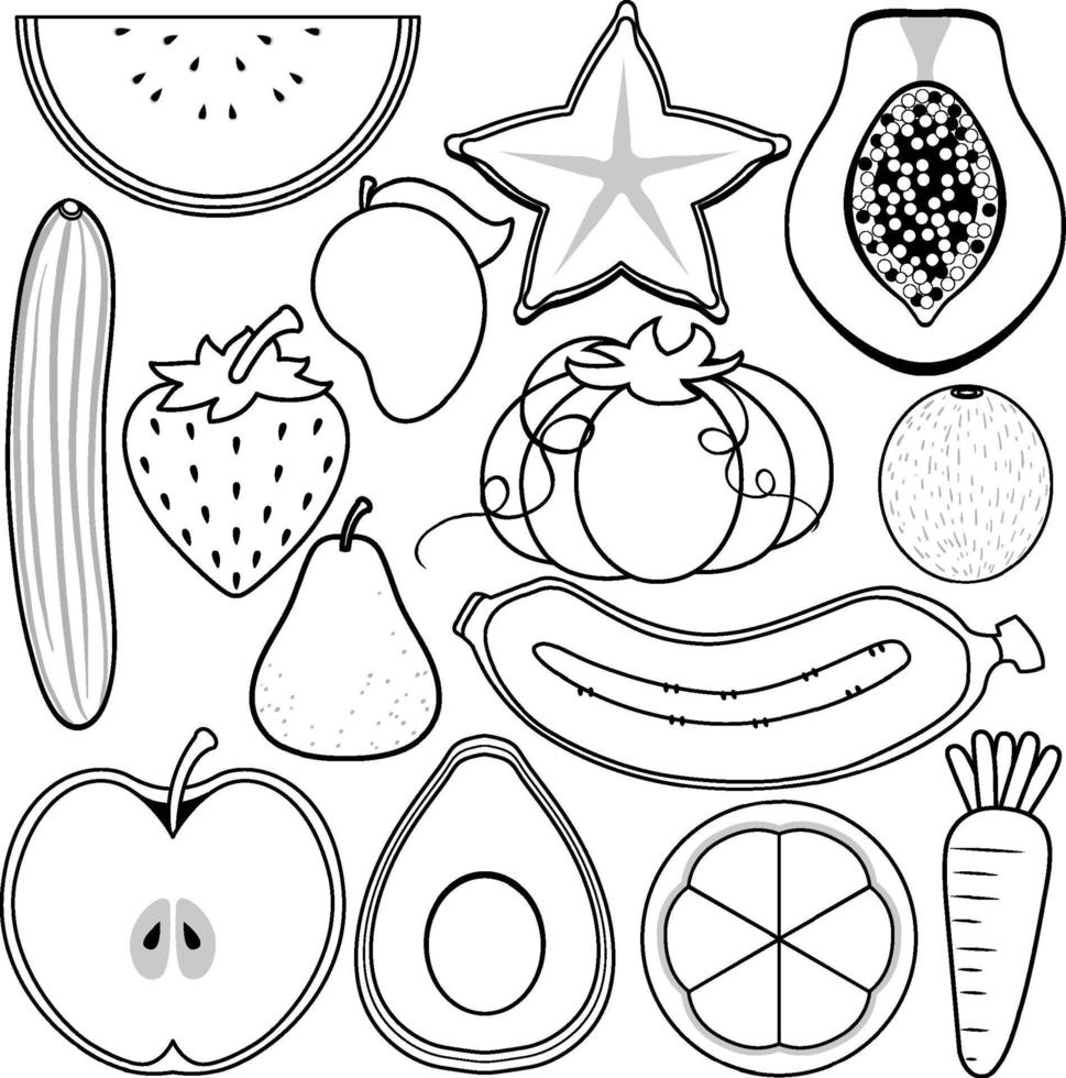 contorno de doodle de frutas y verduras vector