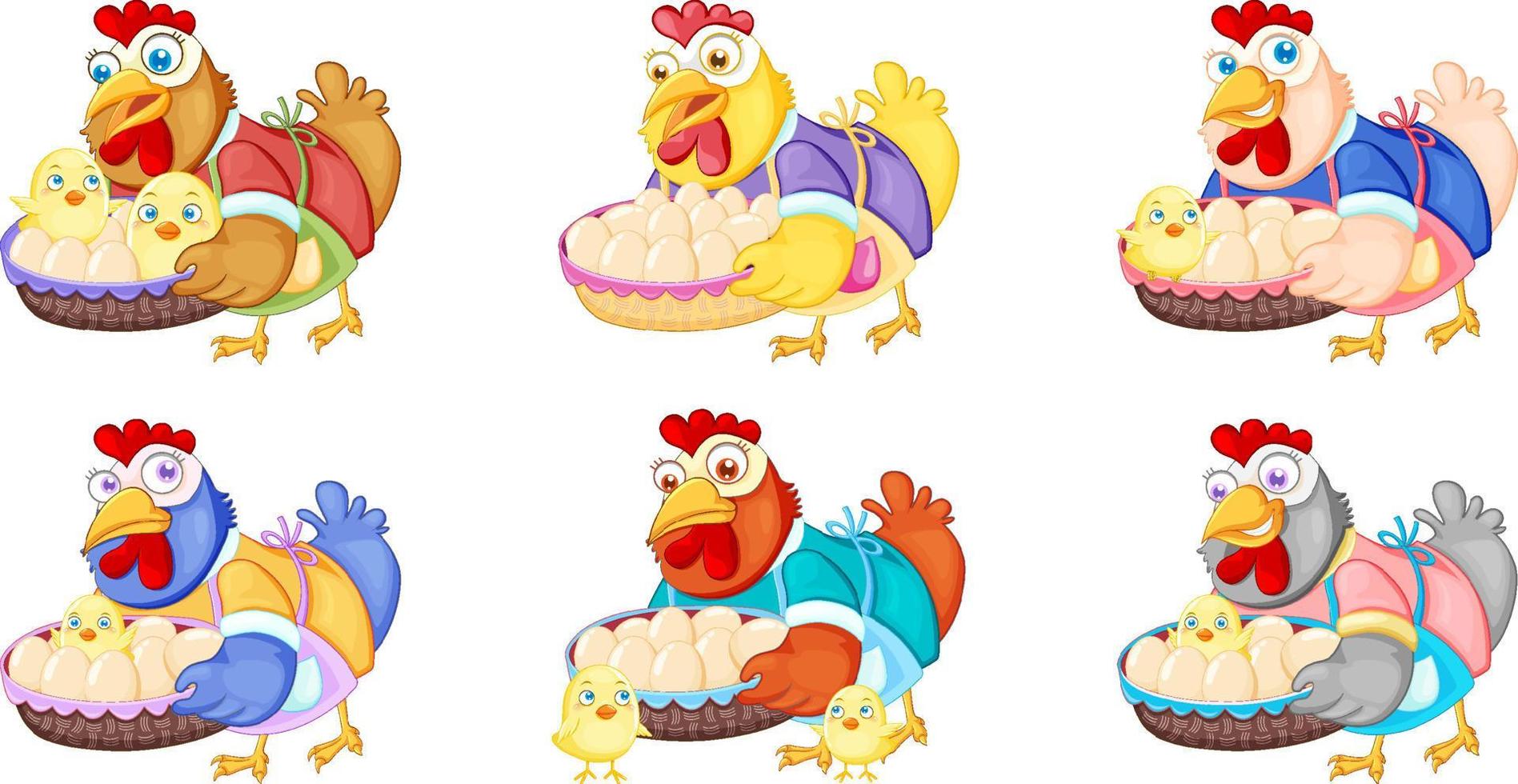 conjunto de linda pollo dibujos animados personaje participación un cesta de huevos y polluelo vector