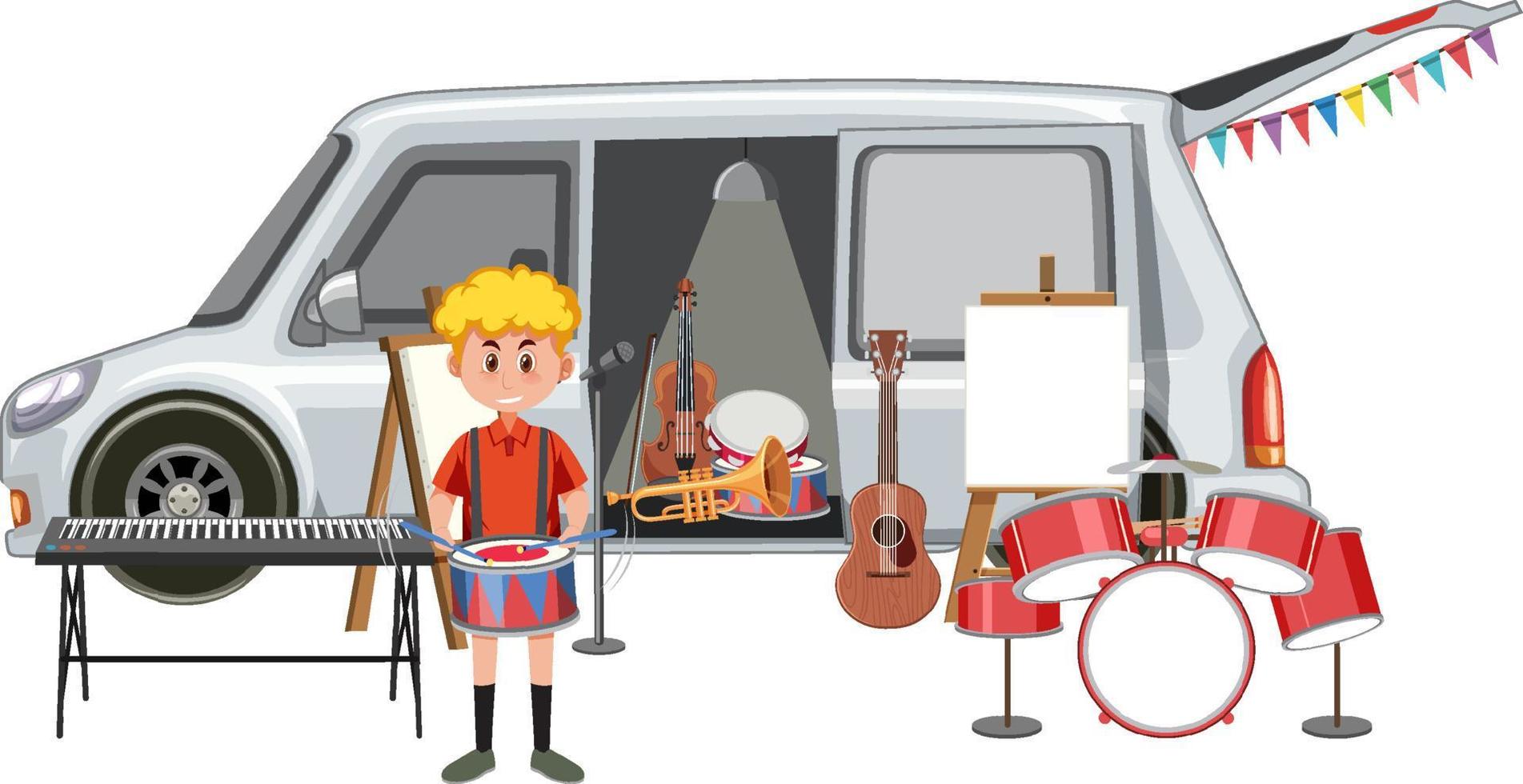 Boy playing drum in front of van vector