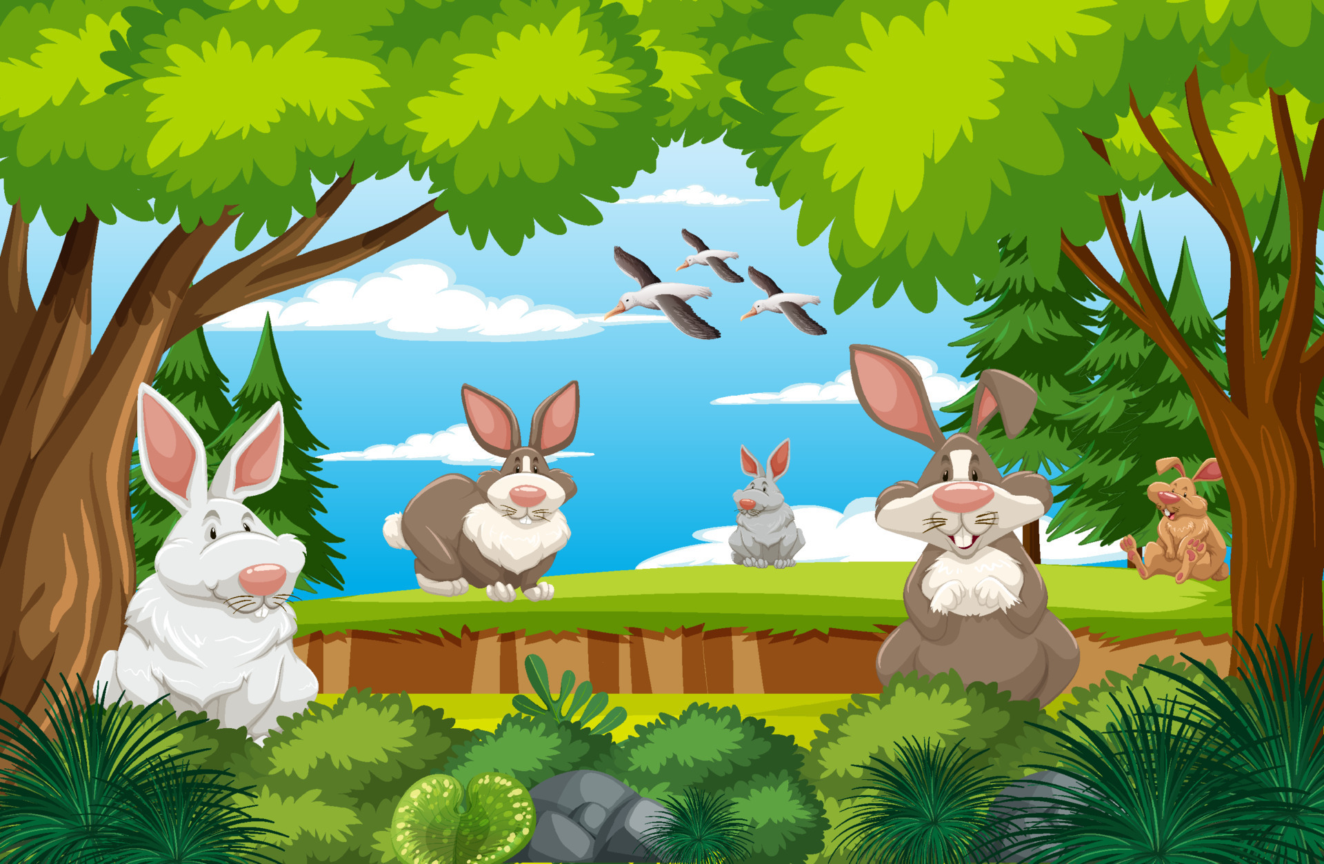 Rabbit family in the forest scene 19850070 Vector Art at Vecteezy