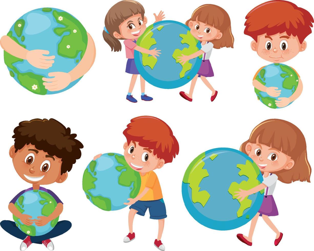 Set of different kids holding earth globes vector