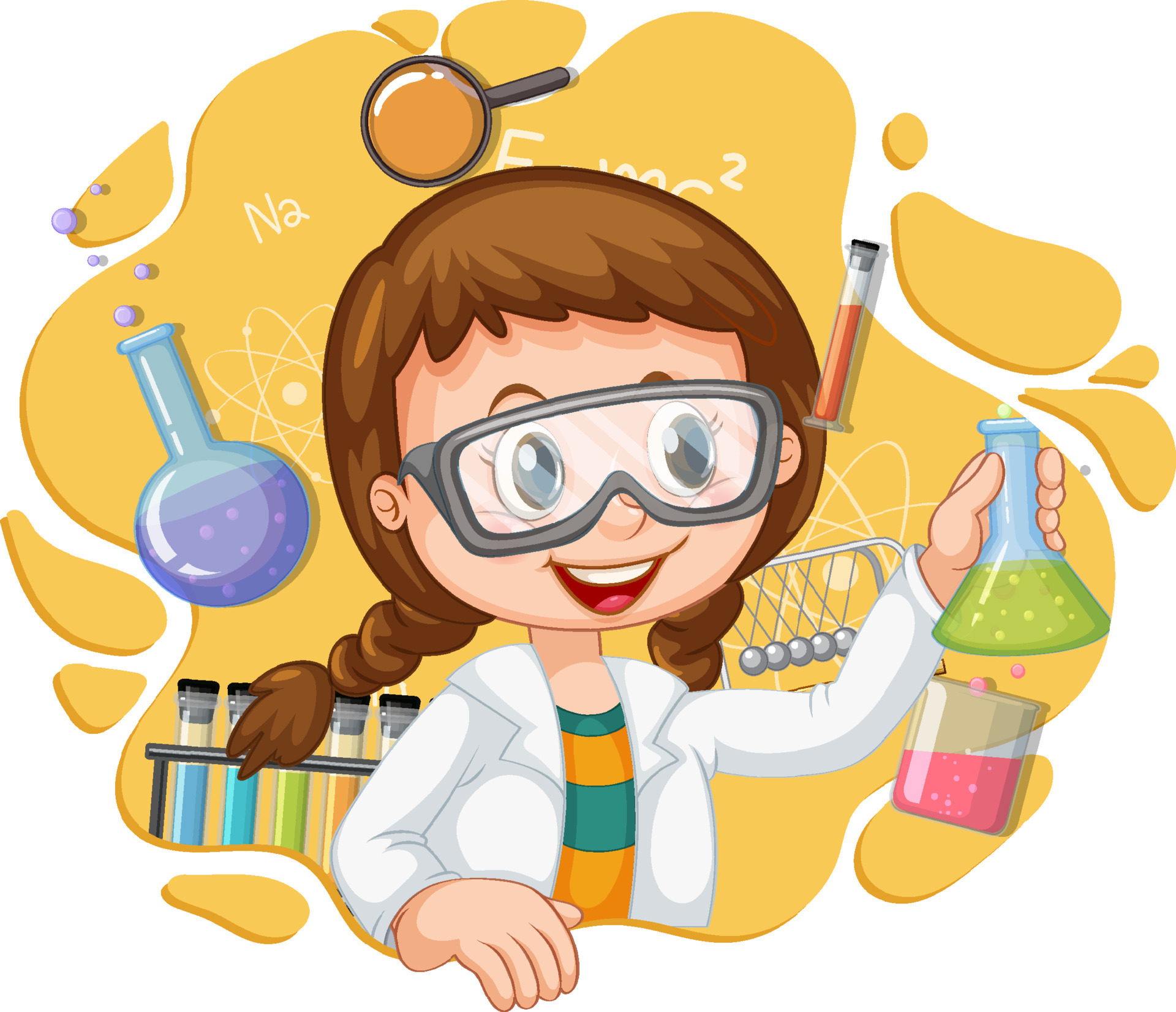 personaje de dibujos animados de niña científica con equipos de