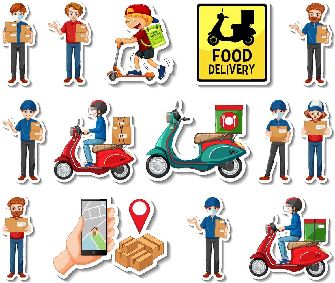 Sticker set of delivery objects and cartoon characters vector