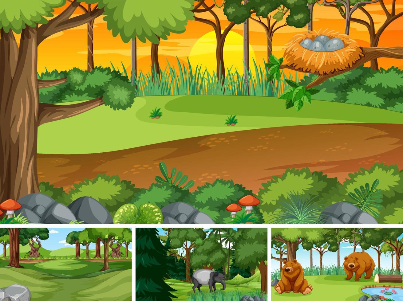 Different forest scenes with wild animals vector