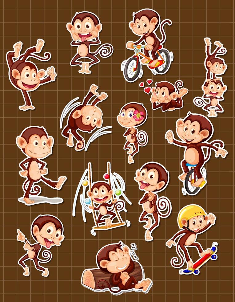 Sticker set of funny monkey cartoon characters vector