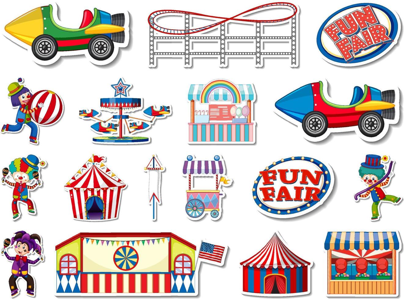 Sticker set of amusement park and fun fair objects vector