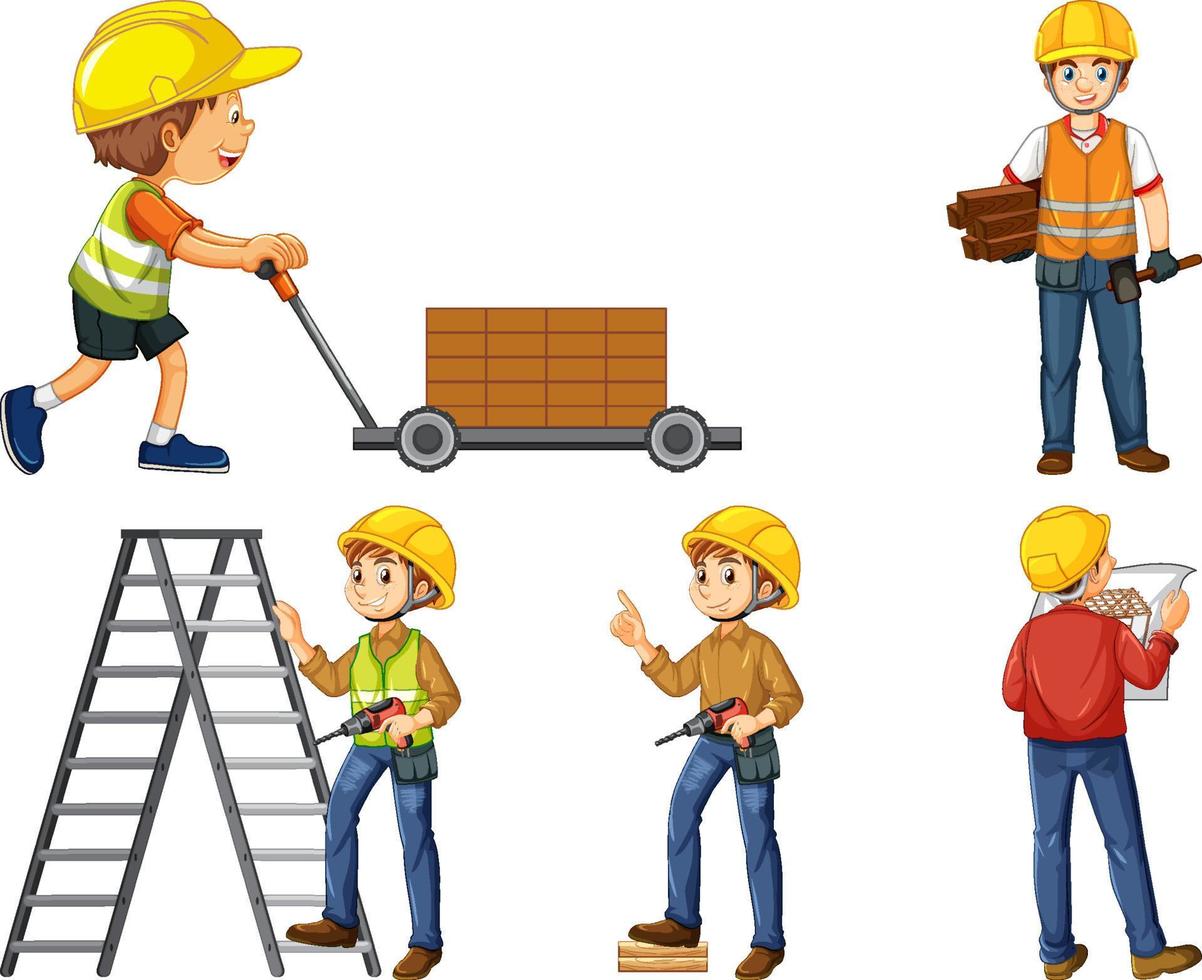 Set of construction site objects and workers vector