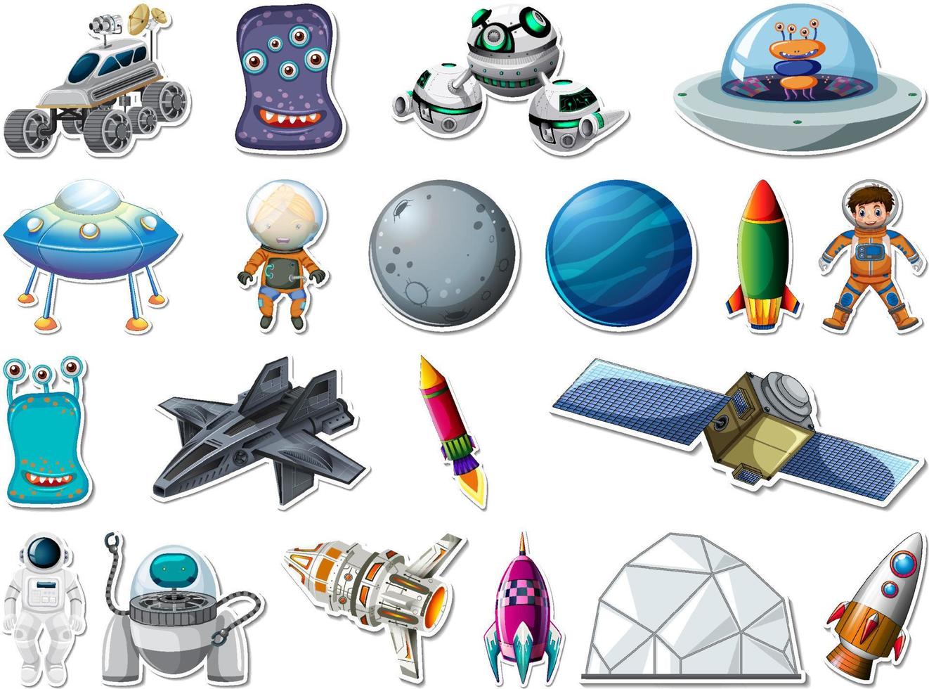 Sticker set of outer space objects and astronauts vector