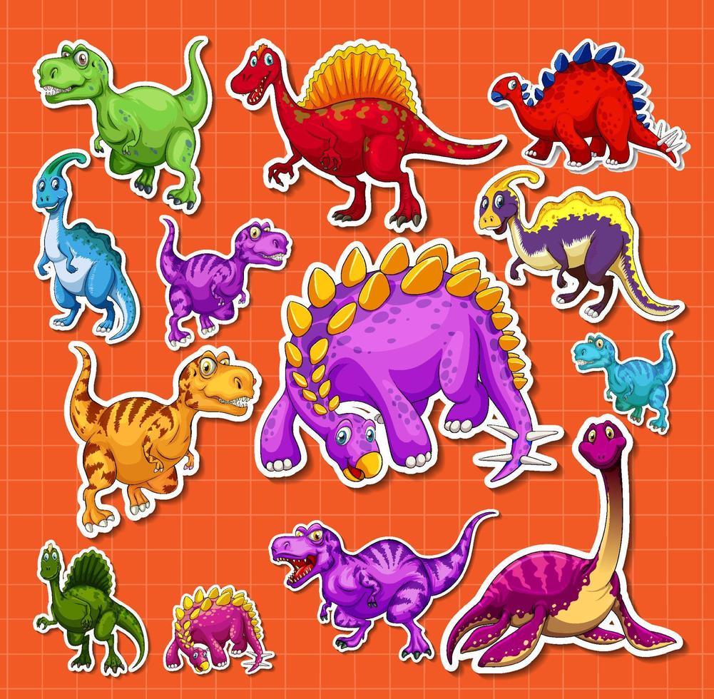 Sticker set of different dinosaur cartoon characters vector