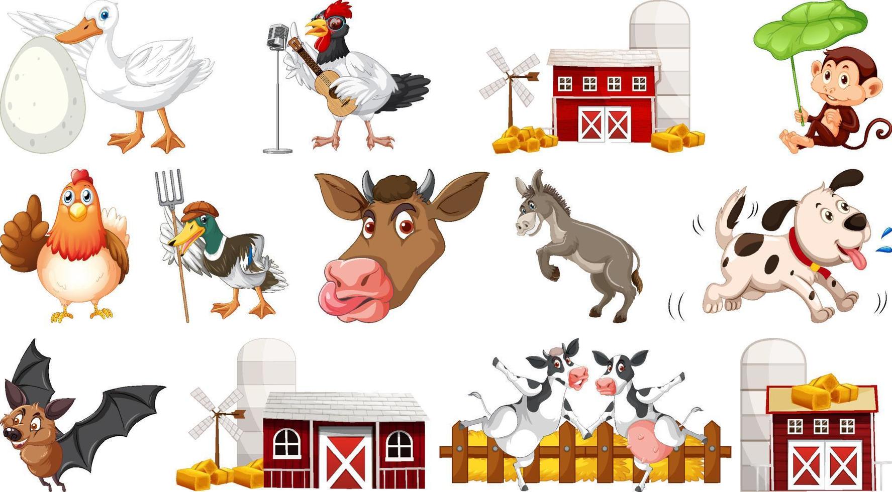 Many farm animals on white background vector