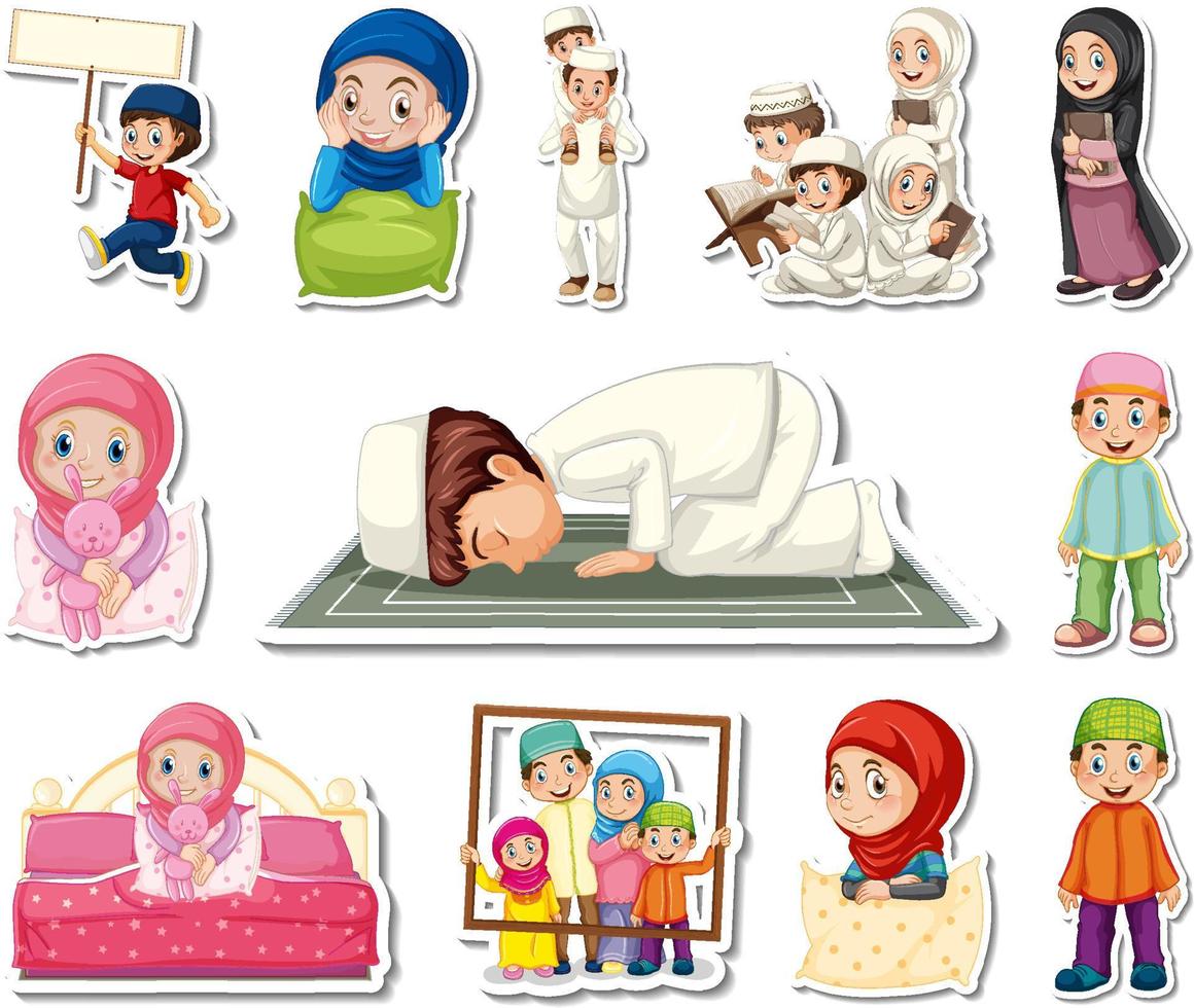 Sticker set of Islamic religious symbols and cartoon characters vector