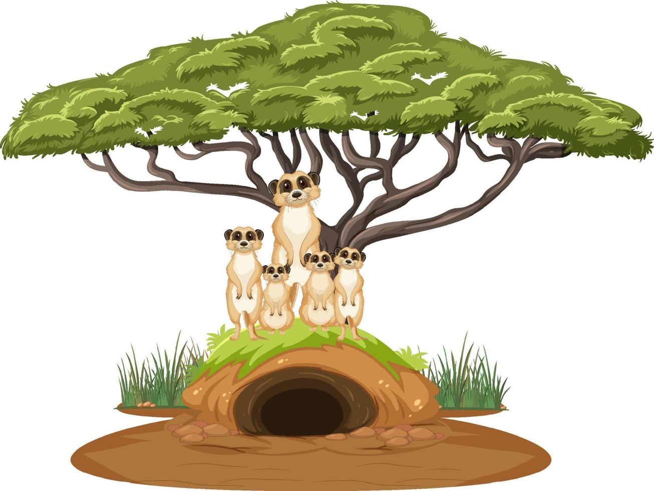 Group of meerkats with burrow in cartoon style vector
