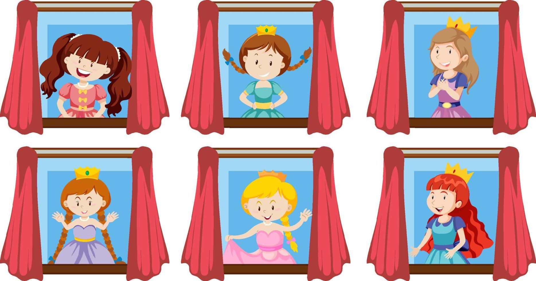 Set of princesses by the window vector