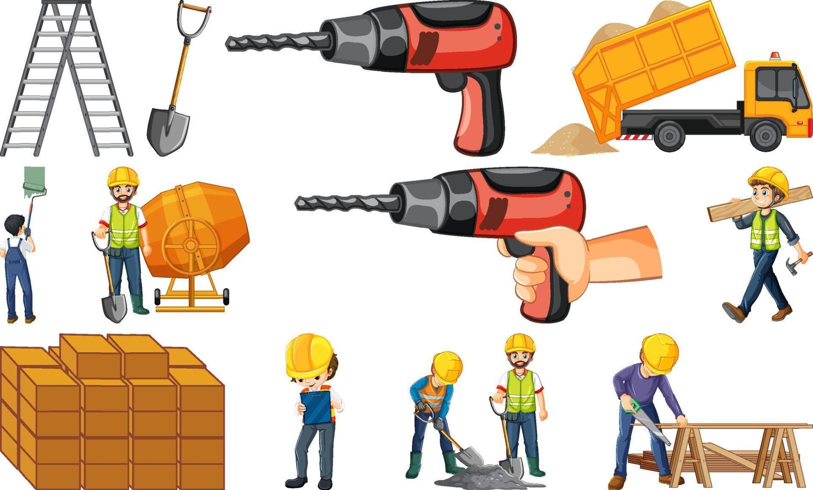 Set of construction site objects and workers vector