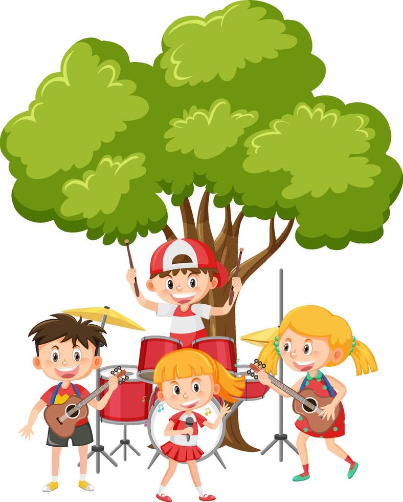 Children playing music under the tree vector