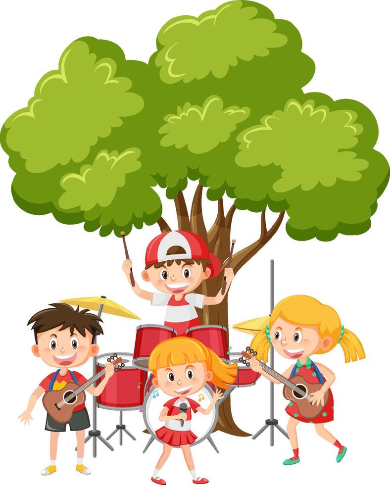 niños tocando musica bajo el arbol vector