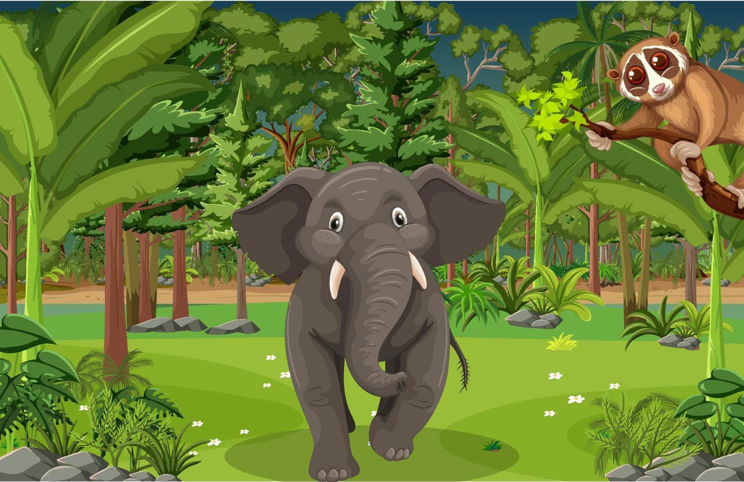 Forest scene with an elephant and loris vector