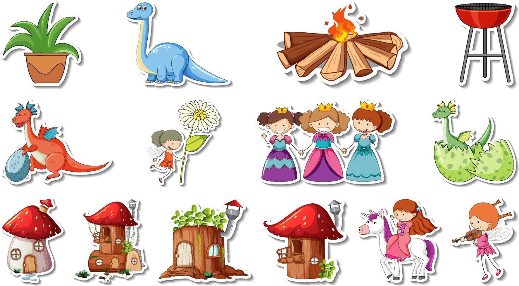 Sticker set of fantasy fairy tale cartoon characters vector