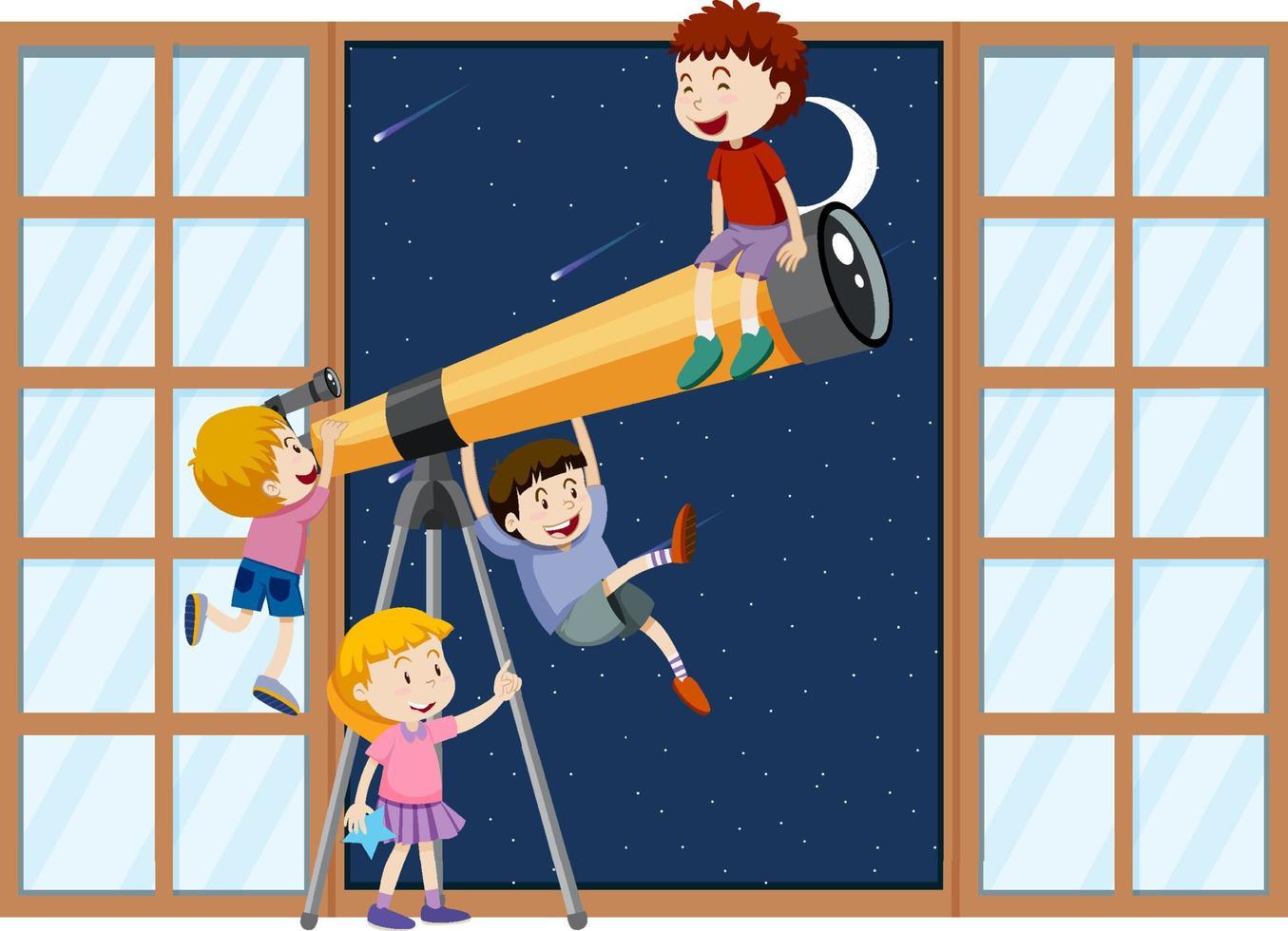 Happy kids observe night sky with telescope vector