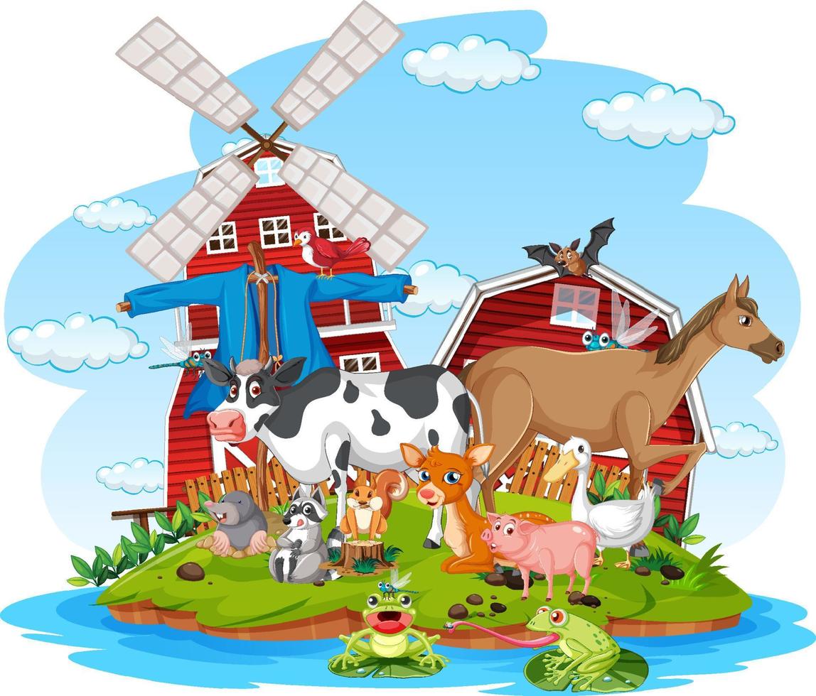 escena de la granja con muchos animales junto al granero vector