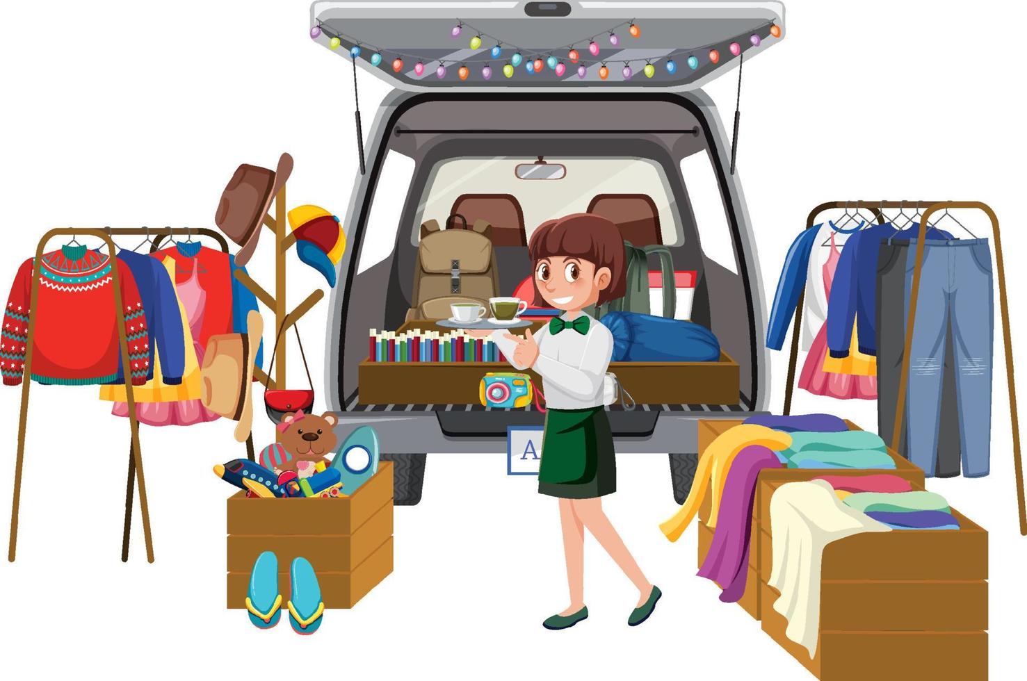 Girl serving coffee at yard sale vector