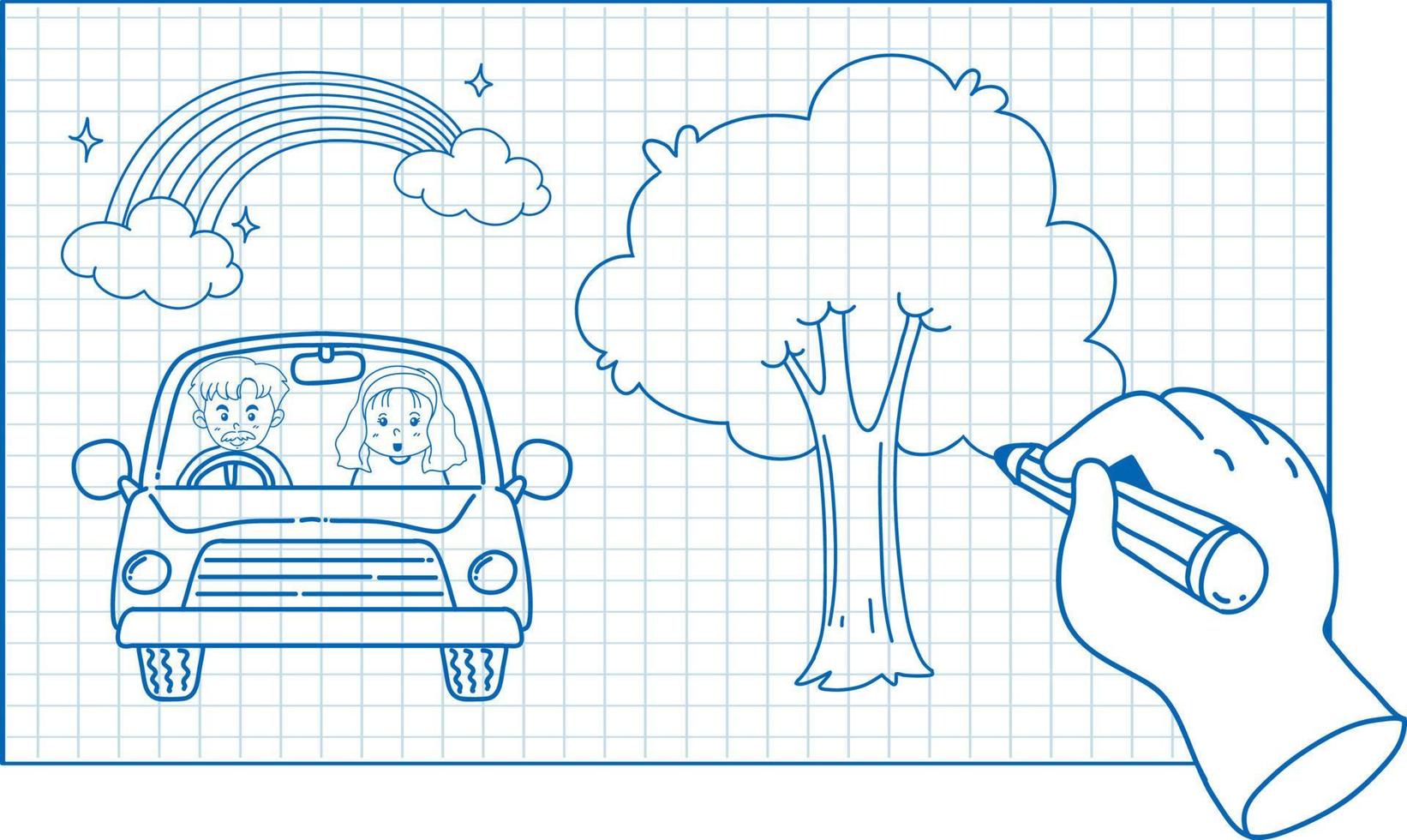 Sketching cartoon of car and tree vector