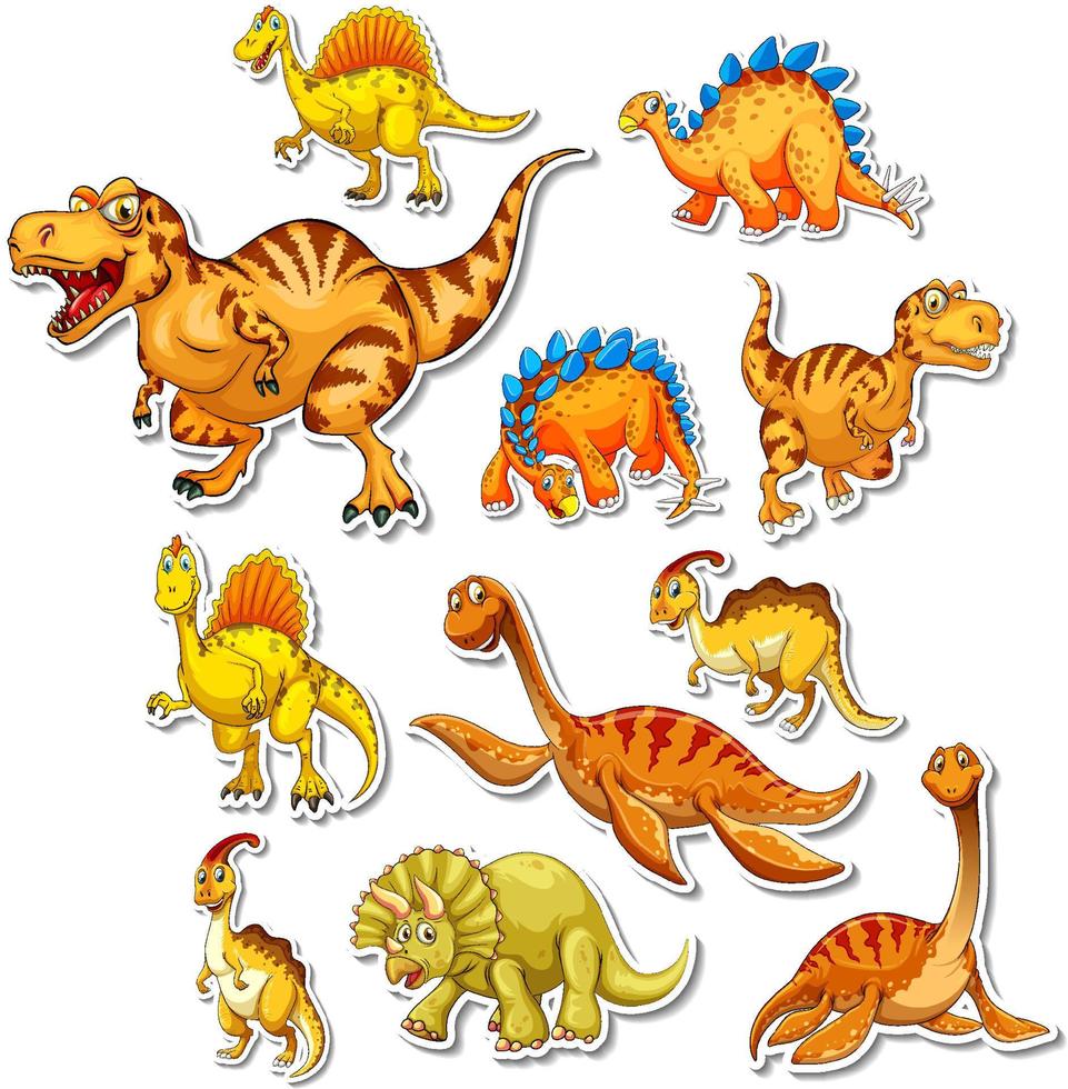 conjunto de pegatinas de diferentes dibujos animados de dinosaurios vector
