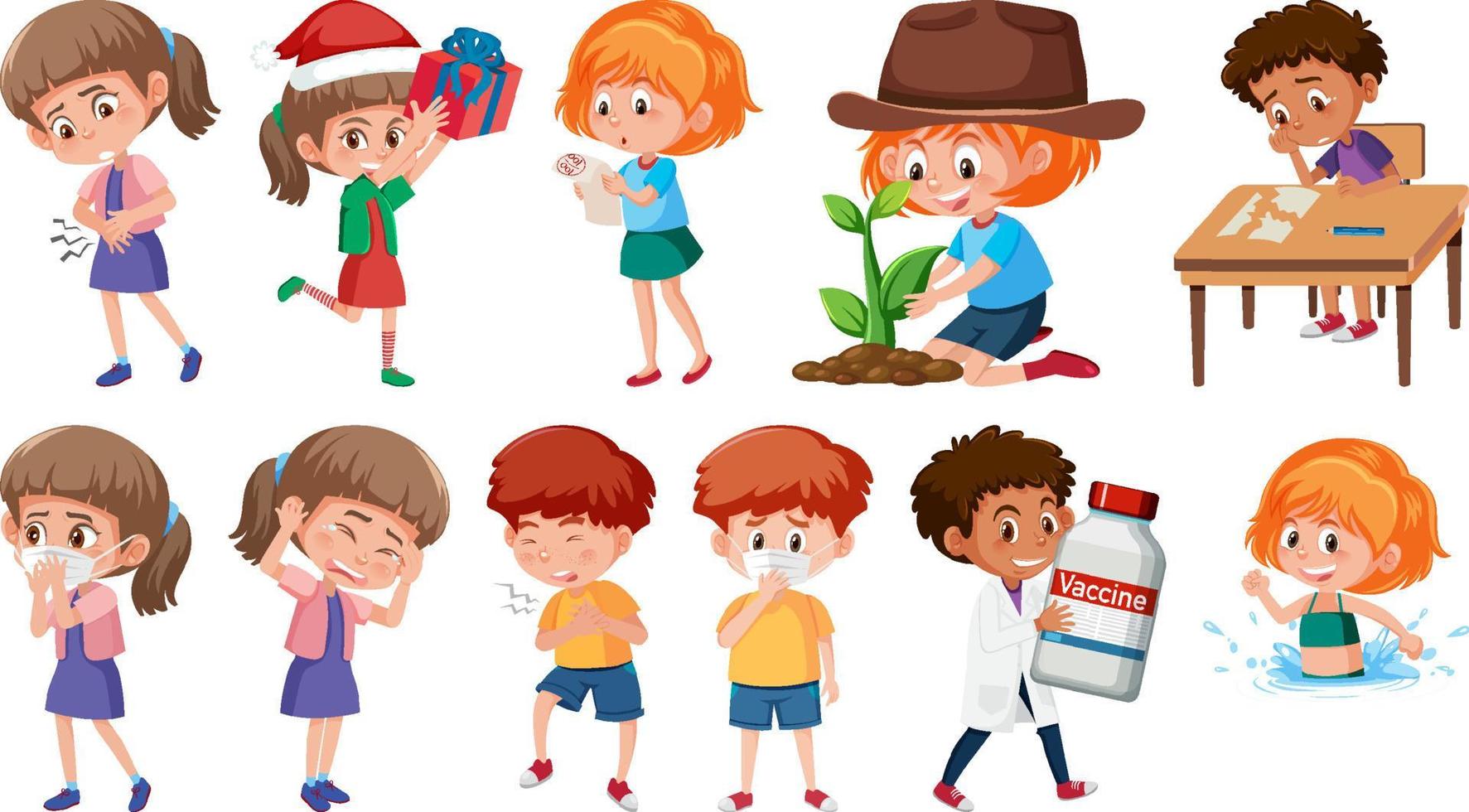 Set of children doing different activities on white background vector