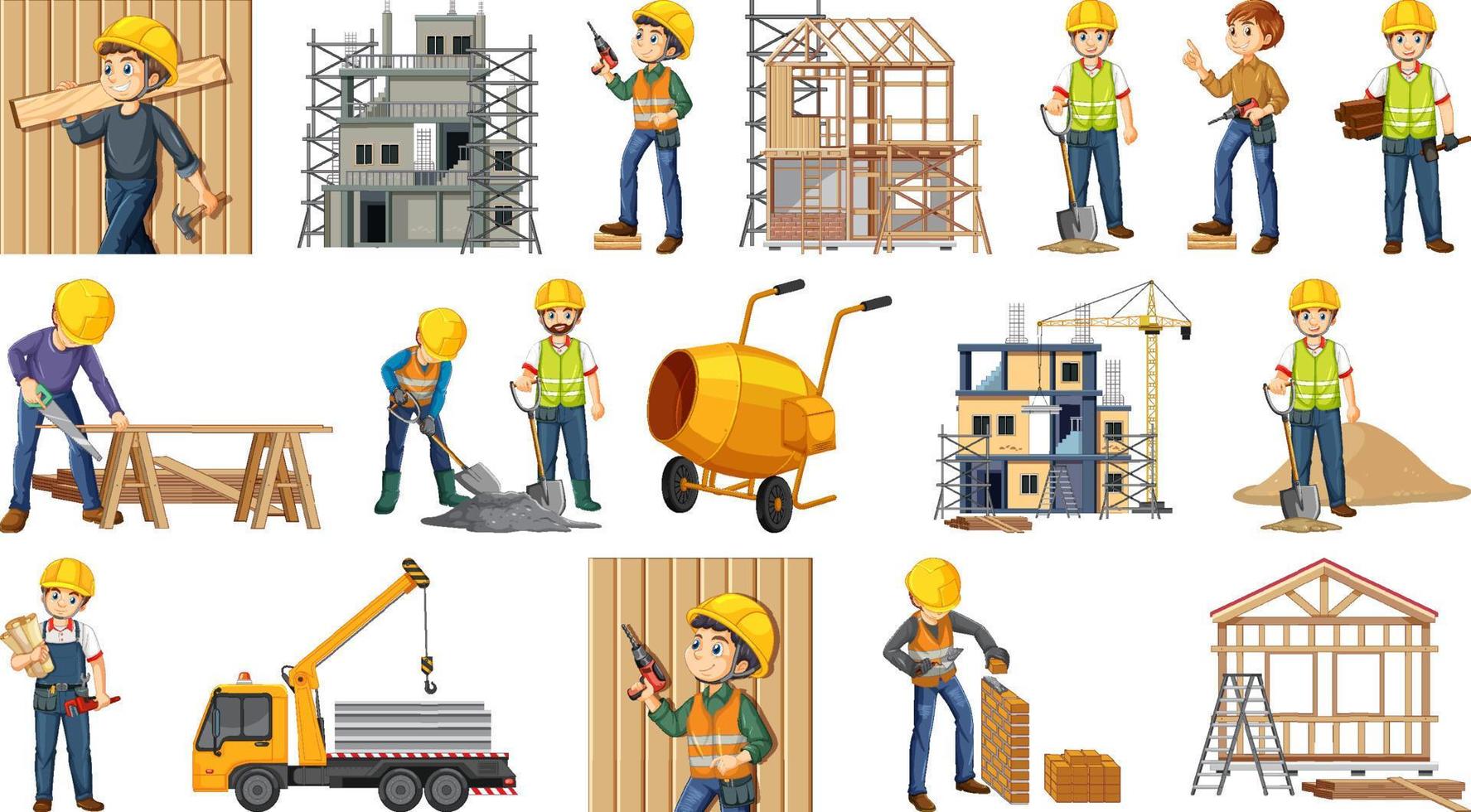 conjunto de objetos y trabajadores del sitio de construcción vector