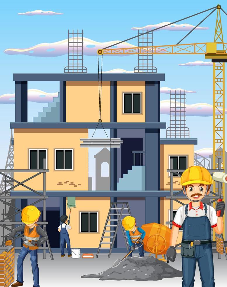 sitio de construcción de edificios con trabajadores vector