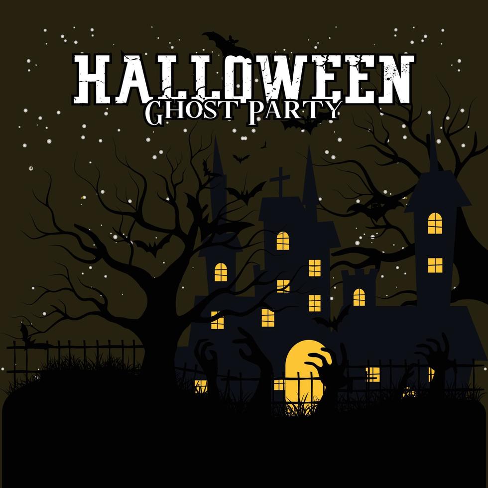 Halloween Day Illustration Vector Design, Pumpkin Tree Bat and Creepy Ghost Design
