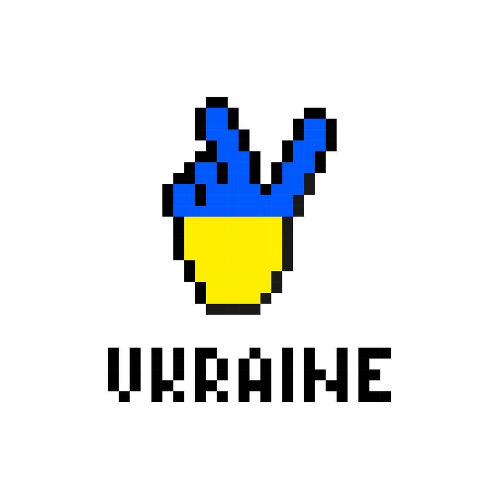 Ukrainian victory hand symbol pixel art. Two fingers raised up symbolizing peace and prosperity in Ukraine. Hope for sympathy and support of the whole vector world
