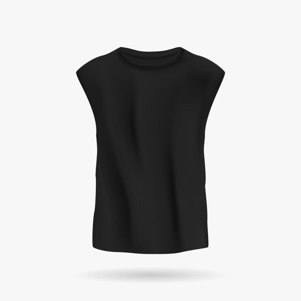 Black sleeveless tshirt unisex mockup. Casual lightweight clothing with pleats for sports and everyday life. Fashion design for men and vector women
