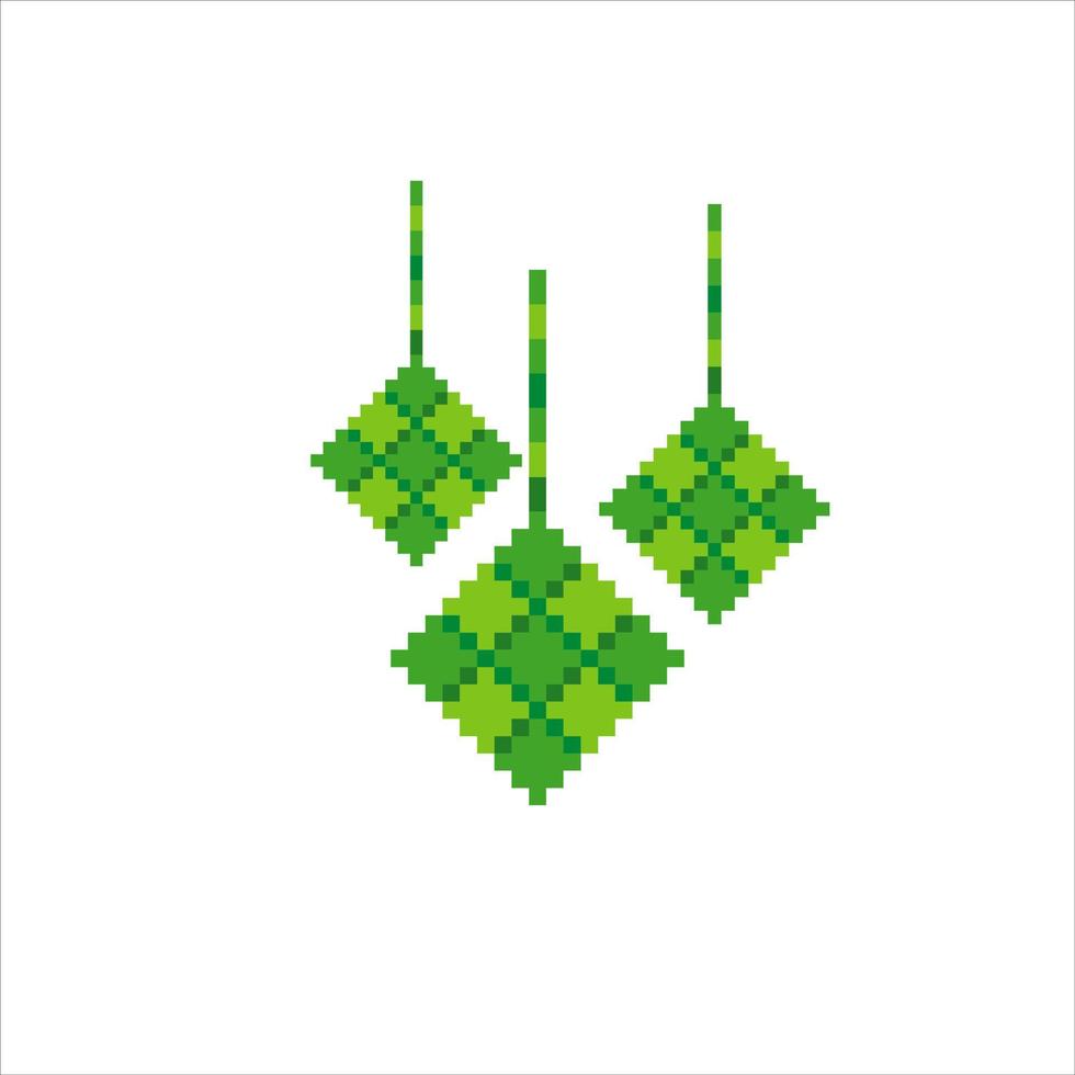 Eid Mubarak  with ketupat in  pixel art. Vector illustration.