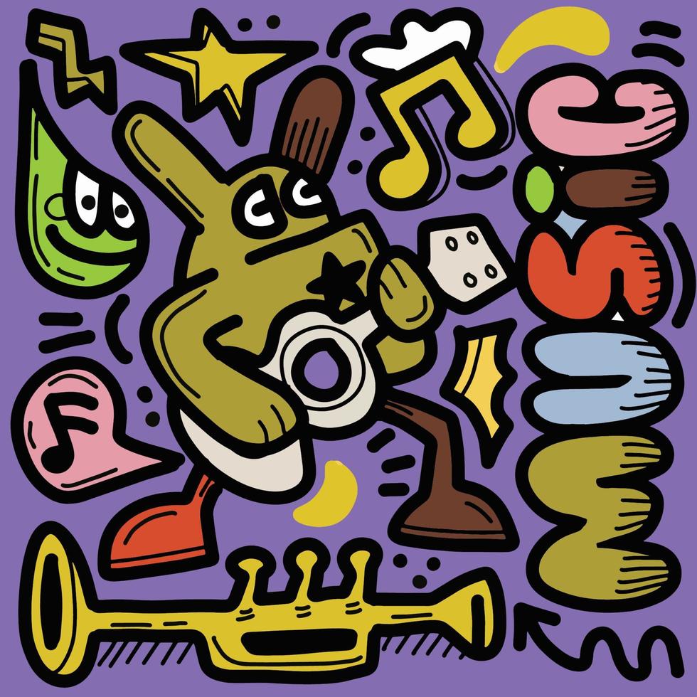 Hand drawn Abstract funny cute Comic characters. Music themed vector