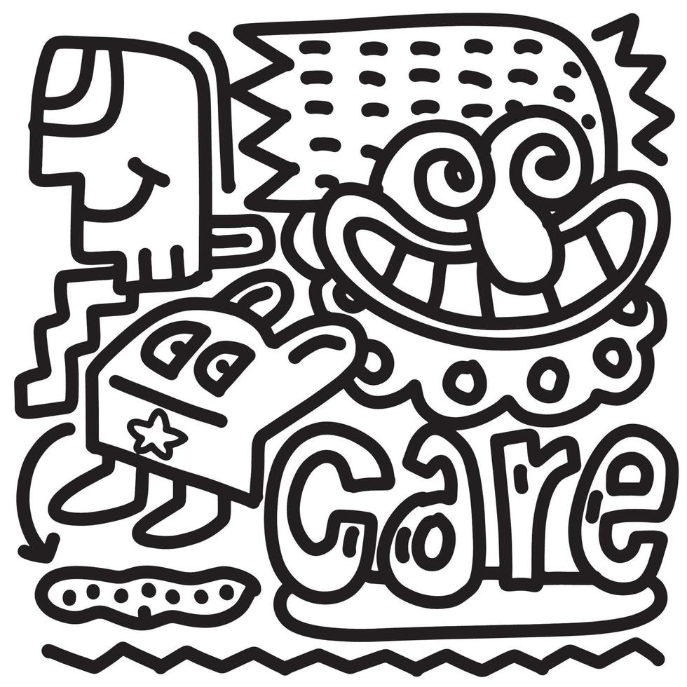 Hand drawn Abstract careny cute Comic characters. care themed vector