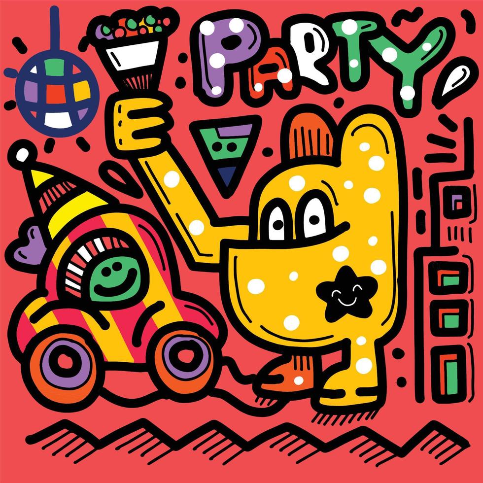 Hand drawn Abstract Partyny cute Comic characters. Party themed vector