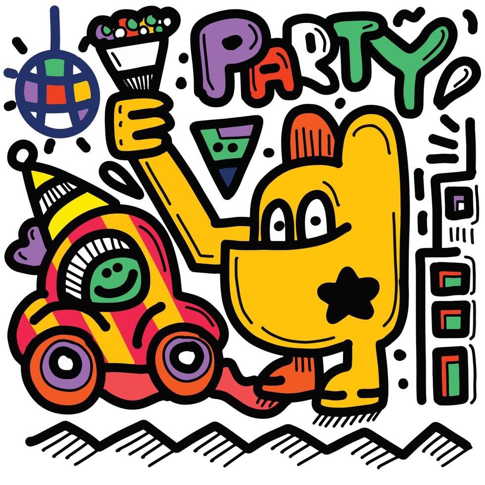 Hand drawn Abstract Partyny cute Comic characters. Party themed vector