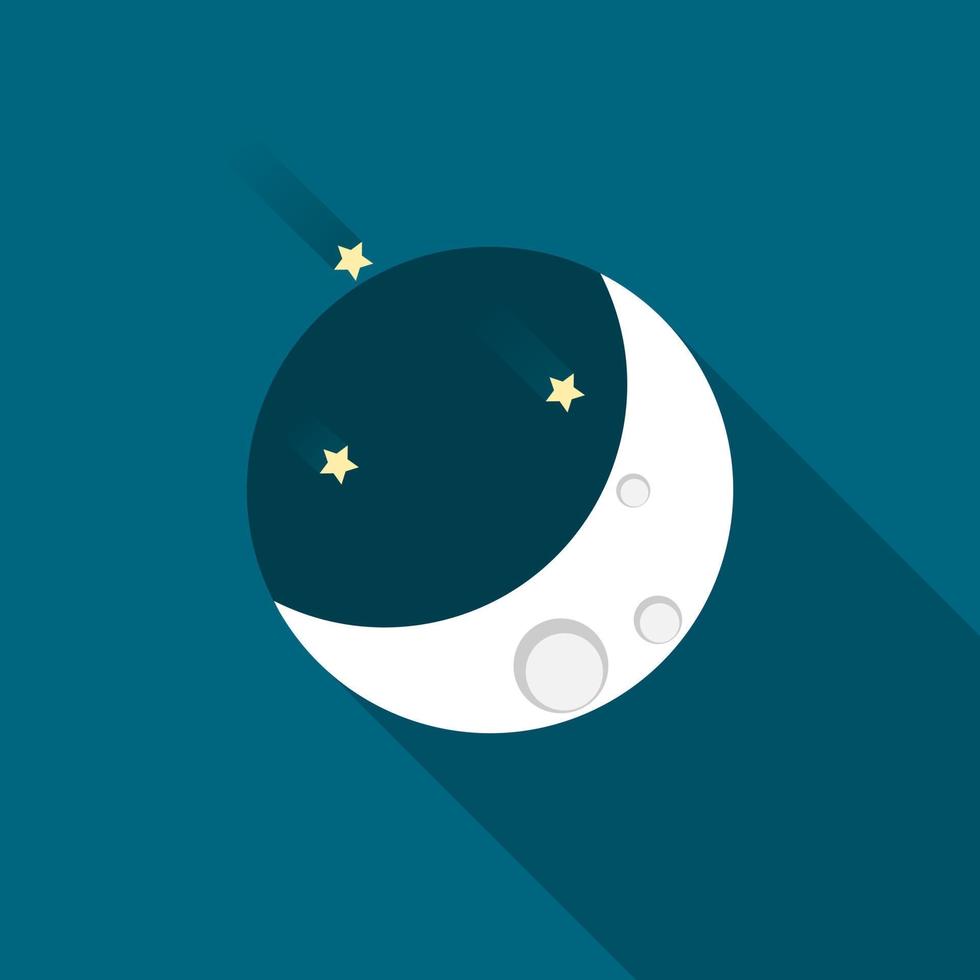 White crescent moon with meteor star in dark blue space in night time flat icon vector. vector