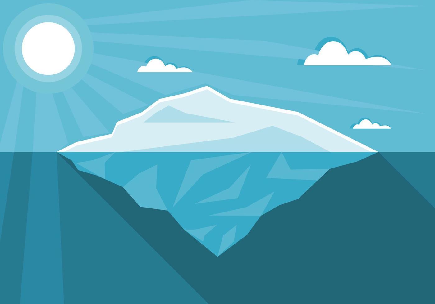 Iceberg or ice mountain floating on blue ocean sea with sun shining sunlight flat vector. Concept global warming. vector