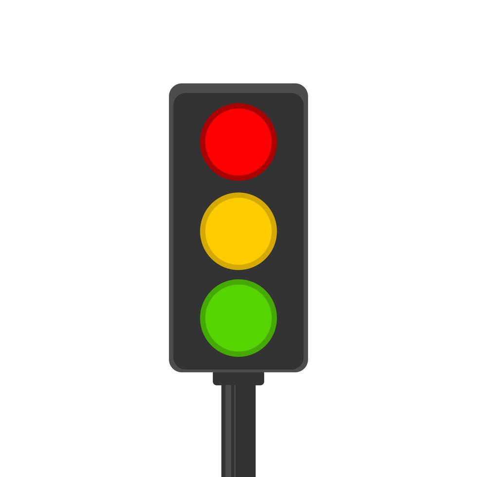 Traffic light pole rules street with green yellow and red light on road on white background flat icon vector. vector