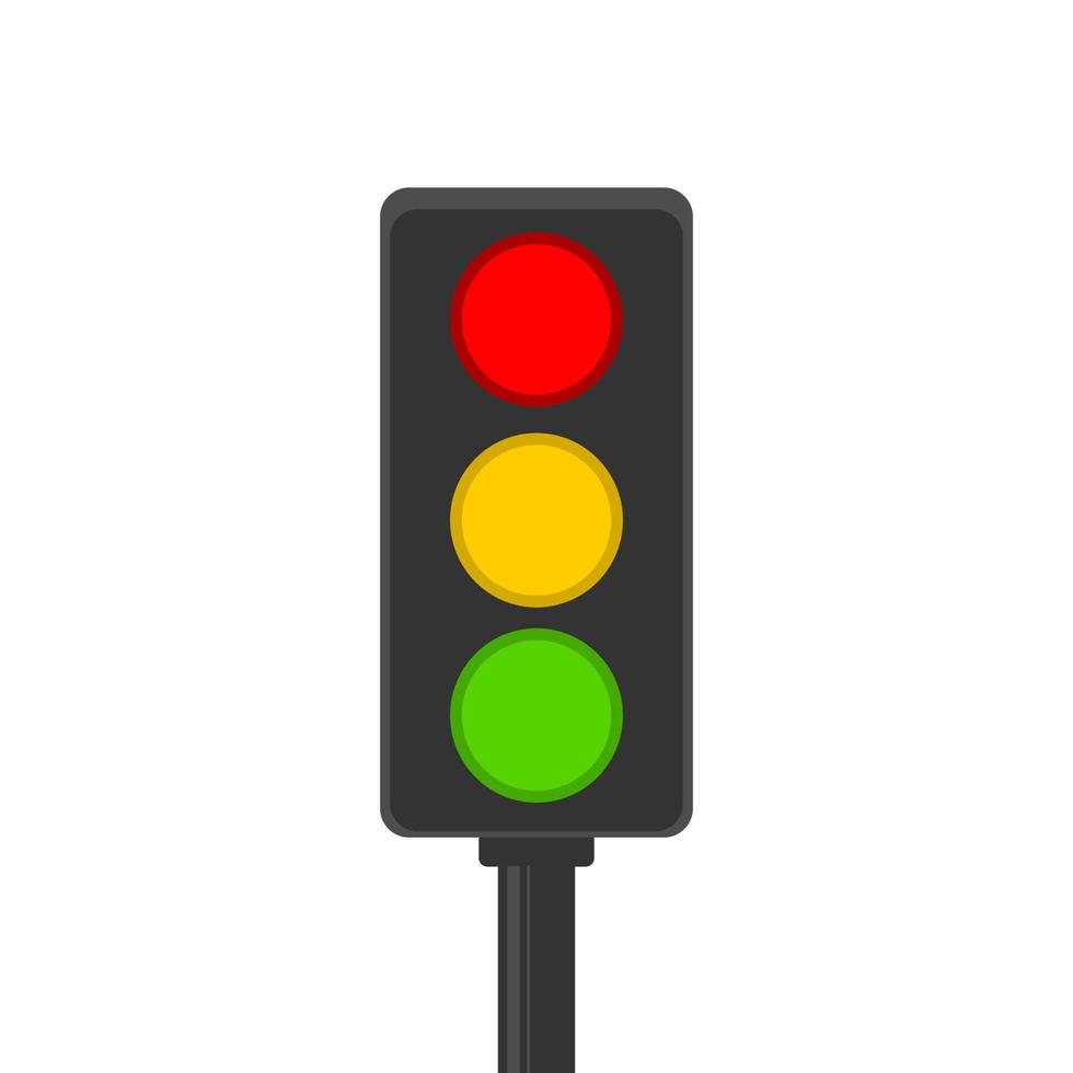 Traffic light pole rules street with green yellow and red light on road on white background flat icon vector. vector