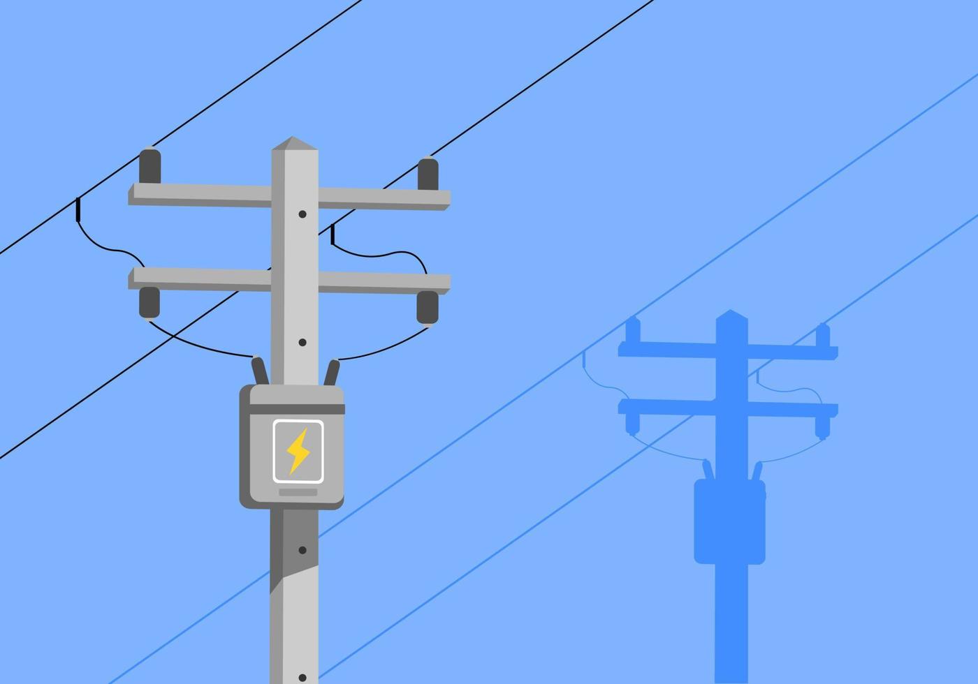 Cement high voltage electric pole and transformer with blue background flat vector. vector