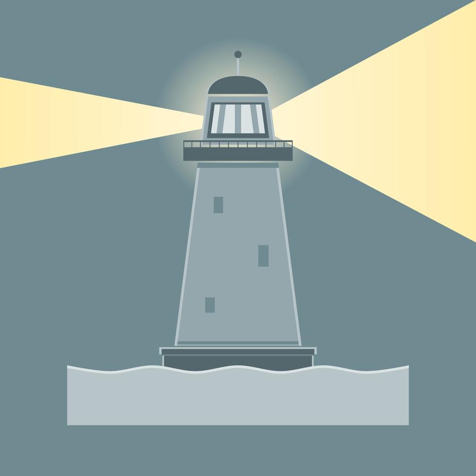 Lighthouse tower with beacon ray lighting in sea at night flat vector icon.