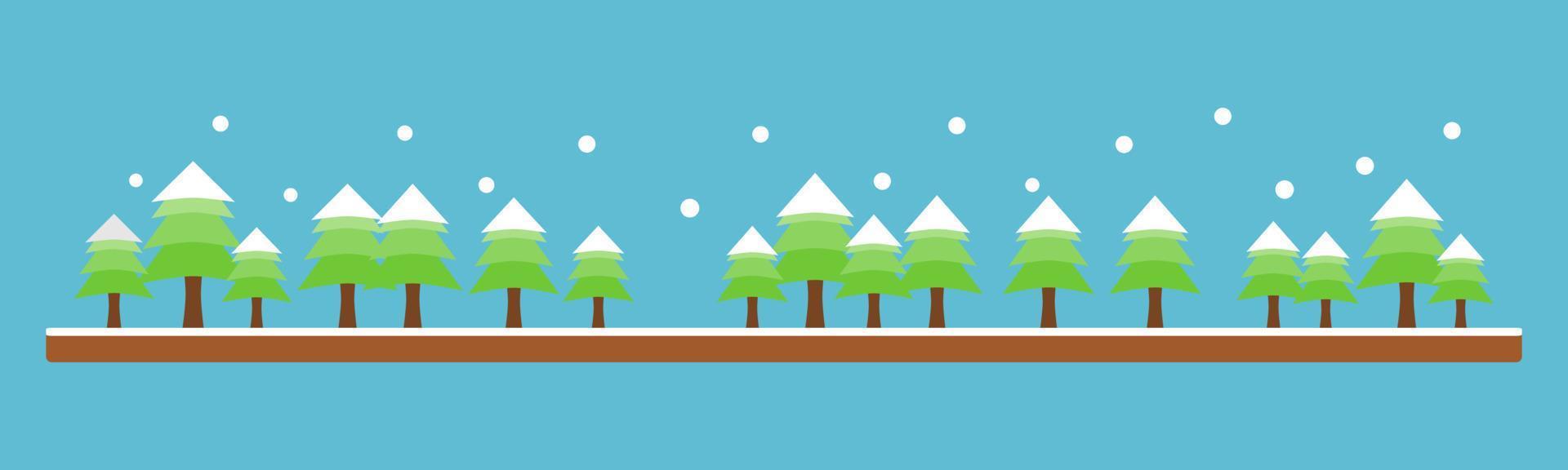 Pine forest trees with white falling snow and snow cover soil ground in winter season on blue background flat vector. concept christmas day card. vector