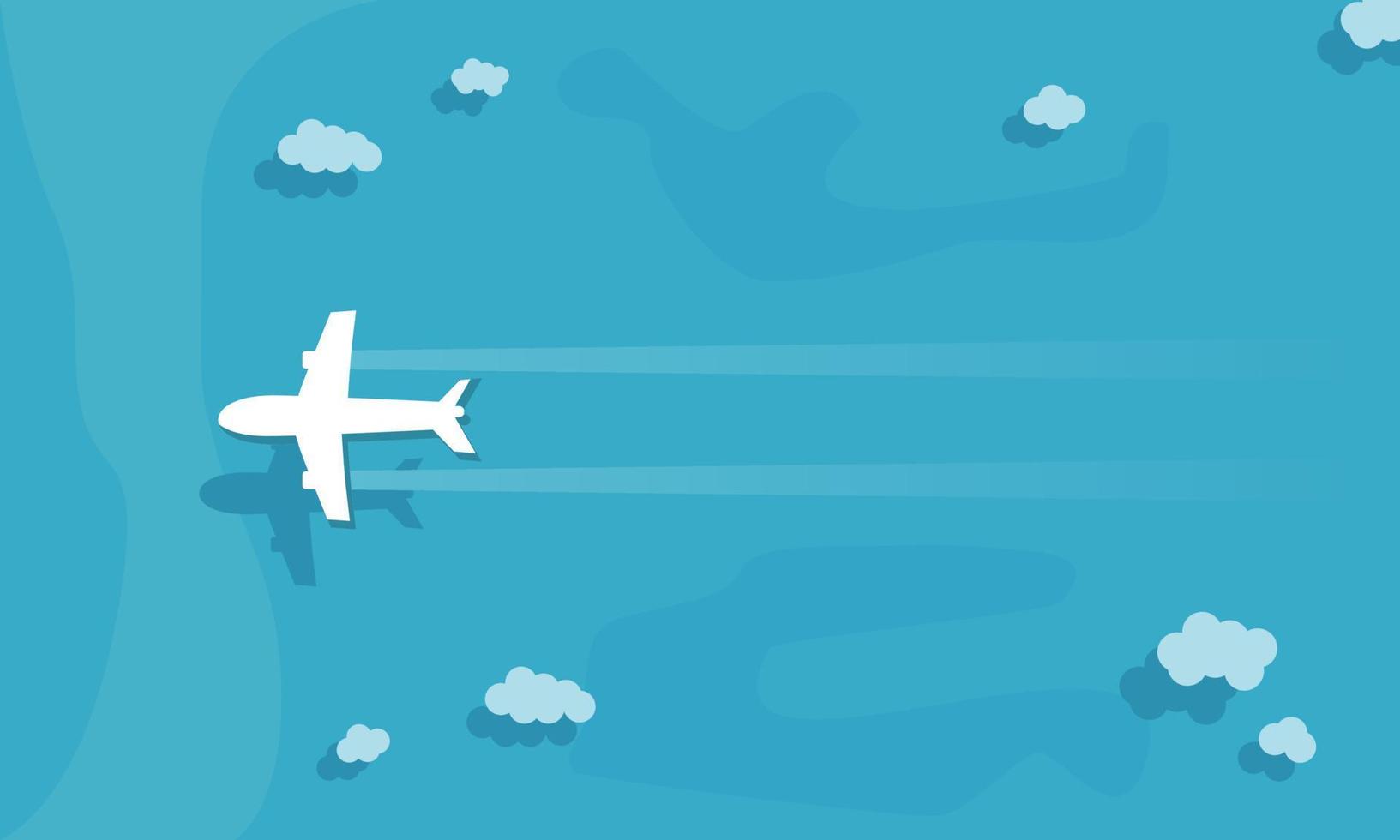 White airplane travel flight flying above blue ocean sea with cloud top view flat vector design