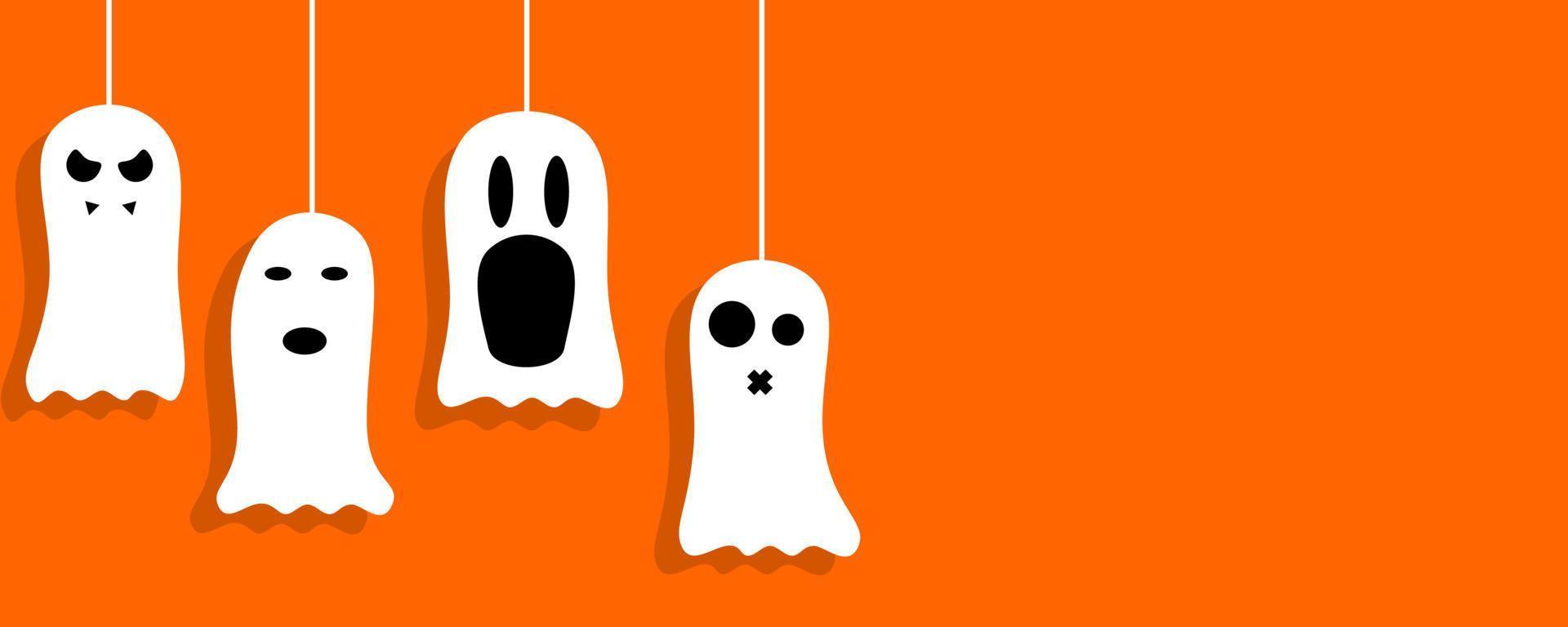 Víspera de Todos los Santos colgar linda pequeño blanco fantasma escalofriante con cara personaje en naranja antecedentes bandera plano vector. vector