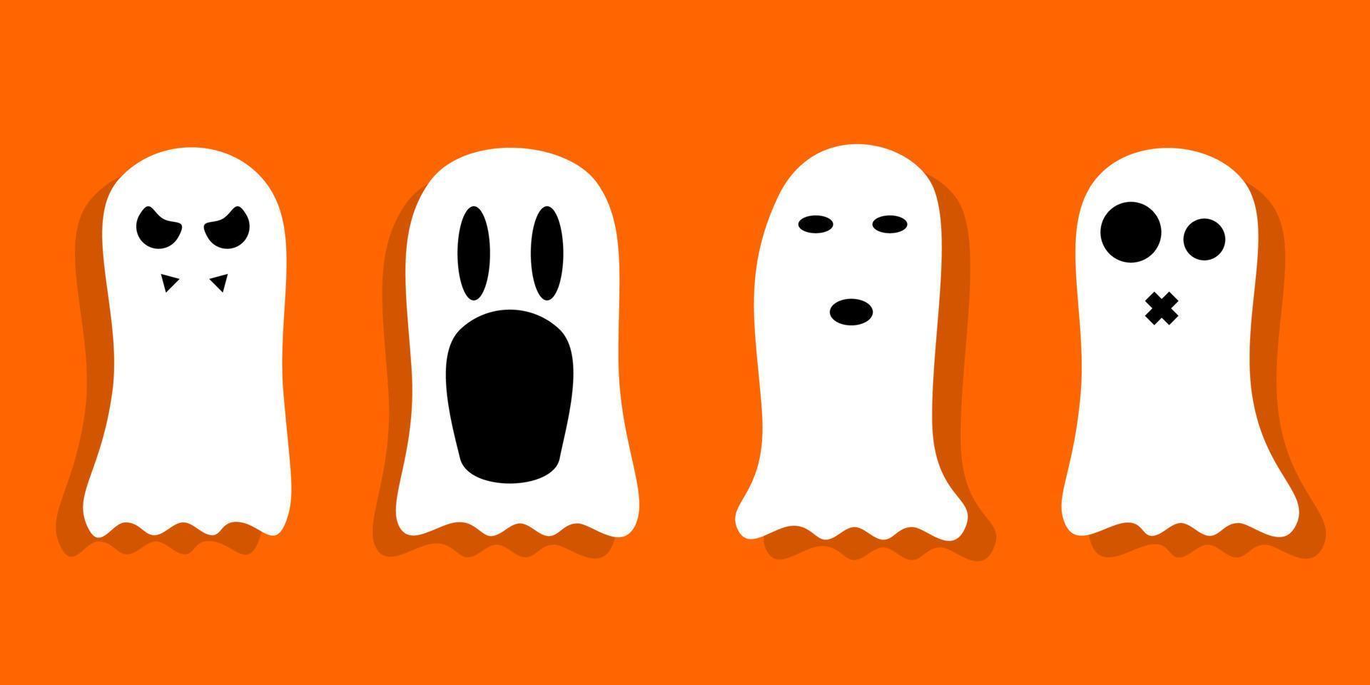 conjunto Víspera de Todos los Santos linda pequeño blanco fantasma escalofriante con cara personaje en naranja antecedentes plano vector diseño.